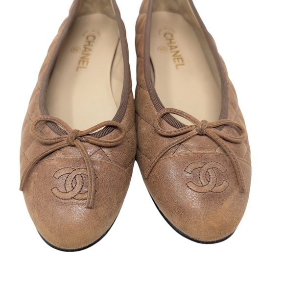 Chanel Interlocking CC Leather Tan Brown Quilted Bow Cap Toe Ballet Flat Size 39 - Picture 4 of 11